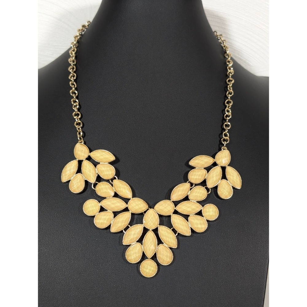 Yellow Faceted Cabochon Leaf Statement Necklace Coastal Boho 18" Gold Tone 21"